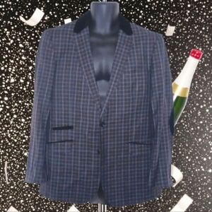 INSOMNIA MANZINO Grey Plaid Blazer, Black Velvet Accents, 40R